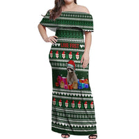 Sloth Christmas Off Shoulder Maxi Dress with Santa Hat, Presents, and Festive Pattern - Wonder Print Shop