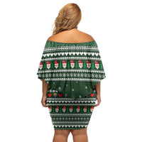 Sloth Christmas Off Shoulder Short Dress with Santa Hat, Presents, and Festive Pattern - Wonder Print Shop