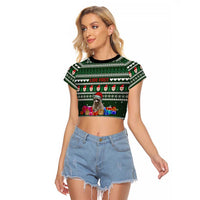 Sloth Christmas Raglan Cropped T Shirt with Santa Hat, Presents, and Festive Pattern - Wonder Print Shop