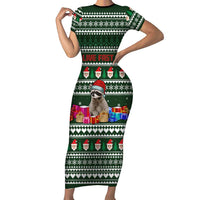 Sloth Christmas Short Sleeve Bodycon Dress with Santa Hat, Presents, and Festive Pattern - Wonder Print Shop