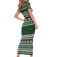 Sloth Christmas Short Sleeve Bodycon Dress with Santa Hat, Presents, and Festive Pattern - Wonder Print Shop