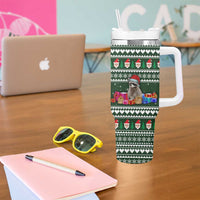 Sloth Christmas Tumbler With Handle with Santa Hat, Presents, and Festive Pattern - Wonder Print Shop