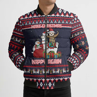 Llama and Snowman Bomber Puffer Jacket with Gifts and Nordic Pattern - Wonder Print Shop