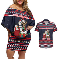 Llama and Snowman Couples Matching Off Shoulder Short Dress and Hawaiian Shirt with Gifts and Nordic Pattern - Wonder Print Shop