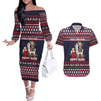 Llama and Snowman Couples Matching Off The Shoulder Long Sleeve Dress and Hawaiian Shirt with Gifts and Nordic Pattern - Wonder Print Shop