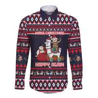 Llama and Snowman Long Sleeve Button Shirt with Gifts and Nordic Pattern - Wonder Print Shop