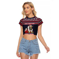 Llama and Snowman Raglan Cropped T Shirt with Gifts and Nordic Pattern - Wonder Print Shop