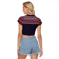 Llama and Snowman Raglan Cropped T Shirt with Gifts and Nordic Pattern - Wonder Print Shop