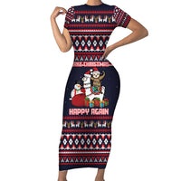 Llama and Snowman Short Sleeve Bodycon Dress with Gifts and Nordic Pattern - Wonder Print Shop
