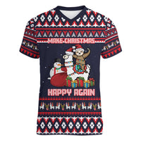 Llama and Snowman Women V-Neck T-Shirt with Gifts and Nordic Pattern - Wonder Print Shop