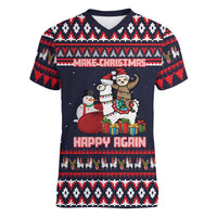 Llama and Snowman Women V-Neck T-Shirt with Gifts and Nordic Pattern - Wonder Print Shop
