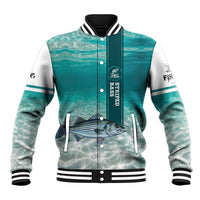 Striped Bass Fishing Baseball Jacket with Underwater Ocean Scene and Teal Water Pattern - Wonder Print Shop