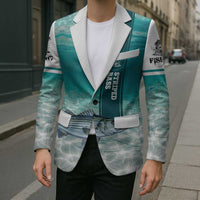 Striped Bass Fishing Blazer with Underwater Ocean Scene and Teal Water Pattern - Wonder Print Shop