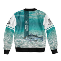 Striped Bass Fishing Bomber Jacket with Underwater Ocean Scene and Teal Water Pattern - Wonder Print Shop