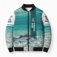 Striped Bass Fishing Bomber Puffer Jacket with Underwater Ocean Scene and Teal Water Pattern - Wonder Print Shop