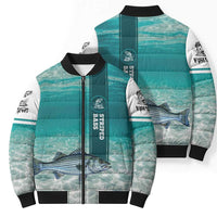 Striped Bass Fishing Bomber Puffer Jacket with Underwater Ocean Scene and Teal Water Pattern - Wonder Print Shop