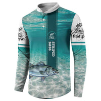 Striped Bass Fishing Button Sweatshirt with Underwater Ocean Scene and Teal Water Pattern - Wonder Print Shop