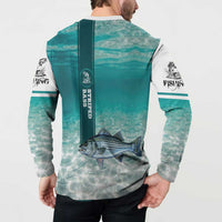 Striped Bass Fishing Button Sweatshirt with Underwater Ocean Scene and Teal Water Pattern - Wonder Print Shop