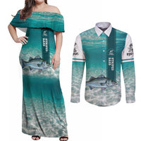 Striped Bass Fishing Couples Matching Off Shoulder Maxi Dress and Long Sleeve Button Shirt with Underwater Ocean Scene and Teal Water Pattern - Wonder Print Shop
