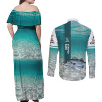 Striped Bass Fishing Couples Matching Off Shoulder Maxi Dress and Long Sleeve Button Shirt with Underwater Ocean Scene and Teal Water Pattern - Wonder Print Shop