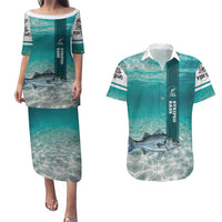 Striped Bass Fishing Couples Matching Puletasi and Hawaiian Shirt with Underwater Ocean Scene and Teal Water Pattern - Wonder Print Shop