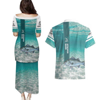 Striped Bass Fishing Couples Matching Puletasi and Hawaiian Shirt with Underwater Ocean Scene and Teal Water Pattern - Wonder Print Shop