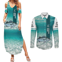 Striped Bass Fishing Couples Matching Summer Maxi Dress and Long Sleeve Button Shirt with Underwater Ocean Scene and Teal Water Pattern - Wonder Print Shop