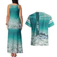 Striped Bass Fishing Couples Matching Tank Maxi Dress and Hawaiian Shirt with Underwater Ocean Scene and Teal Water Pattern - Wonder Print Shop