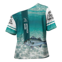 Striped Bass Fishing Cross Shoulder Shirt with Underwater Ocean Scene and Teal Water Pattern - Wonder Print Shop