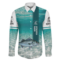 Striped Bass Fishing Family Matching Long Sleeve Bodycon Dress and Hawaiian Shirt with Underwater Ocean Scene and Teal Water Pattern - Wonder Print Shop