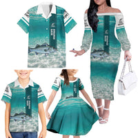 Striped Bass Fishing Family Matching Off The Shoulder Long Sleeve Dress and Hawaiian Shirt with Underwater Ocean Scene and Teal Water Pattern - Wonder Print Shop
