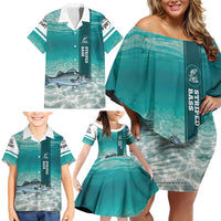 Striped Bass Fishing Family Matching Off Shoulder Short Dress and Hawaiian Shirt with Underwater Ocean Scene and Teal Water Pattern - Wonder Print Shop