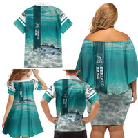 Striped Bass Fishing Family Matching Off Shoulder Short Dress and Hawaiian Shirt with Underwater Ocean Scene and Teal Water Pattern - Wonder Print Shop