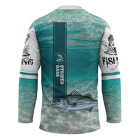 Striped Bass Fishing Hockey Jersey with Underwater Ocean Scene and Teal Water Pattern - Wonder Print Shop