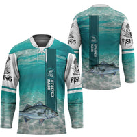 Striped Bass Fishing Hockey Jersey with Underwater Ocean Scene and Teal Water Pattern - Wonder Print Shop