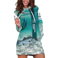 Striped Bass Fishing Hoodie Dress with Underwater Ocean Scene and Teal Water Pattern - Wonder Print Shop