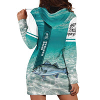 Striped Bass Fishing Hoodie Dress with Underwater Ocean Scene and Teal Water Pattern - Wonder Print Shop