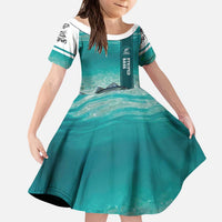Striped Bass Fishing Kid Short Sleeve Dress with Underwater Ocean Scene and Teal Water Pattern - Wonder Print Shop