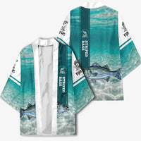 Striped Bass Fishing Kimono with Underwater Ocean Scene and Teal Water Pattern - Wonder Print Shop