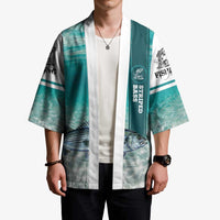 Striped Bass Fishing Kimono with Underwater Ocean Scene and Teal Water Pattern - Wonder Print Shop