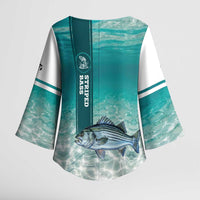 Striped Bass Fishing Kimono Sleeve Blouse with Underwater Ocean Scene and Teal Water Pattern - Wonder Print Shop