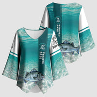 Striped Bass Fishing Kimono Sleeve Blouse with Underwater Ocean Scene and Teal Water Pattern - Wonder Print Shop