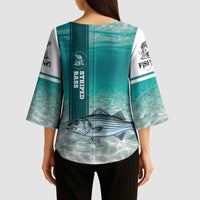 Striped Bass Fishing Kimono Sleeve Blouse with Underwater Ocean Scene and Teal Water Pattern - Wonder Print Shop