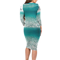 Striped Bass Fishing Long Sleeve Bodycon Dress with Underwater Ocean Scene and Teal Water Pattern - Wonder Print Shop