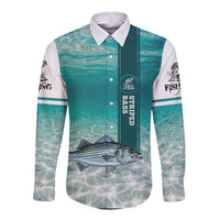 Striped Bass Fishing Long Sleeve Button Shirt with Underwater Ocean Scene and Teal Water Pattern - Wonder Print Shop