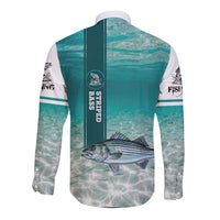 Striped Bass Fishing Long Sleeve Button Shirt with Underwater Ocean Scene and Teal Water Pattern - Wonder Print Shop