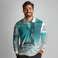 Striped Bass Fishing Long Sleeve Polo Shirt with Underwater Ocean Scene and Teal Water Pattern - Wonder Print Shop