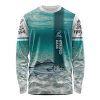 Striped Bass Fishing Long Sleeve Shirt with Underwater Ocean Scene and Teal Water Pattern - Wonder Print Shop