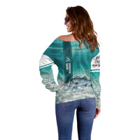Striped Bass Fishing Off Shoulder Sweater with Underwater Ocean Scene and Teal Water Pattern - Wonder Print Shop
