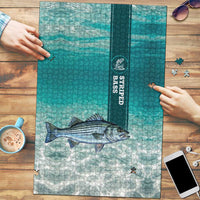 Striped Bass Fishing Puzzle with Underwater Ocean Scene and Teal Water Pattern - Wonder Print Shop